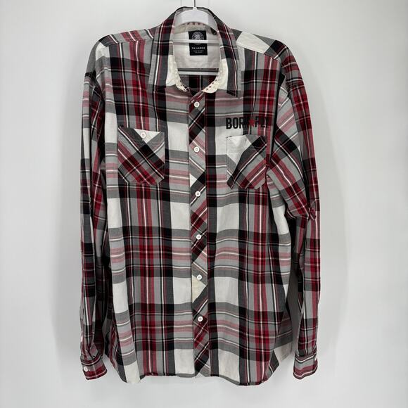 Born Fly Shirt Mens 3XL Red Black White Plaid Button Up Graphic Spell Out - Picture 1 of 6